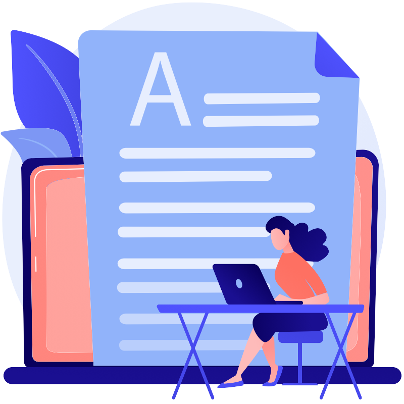Young woman using computer in front of large screen with english document.