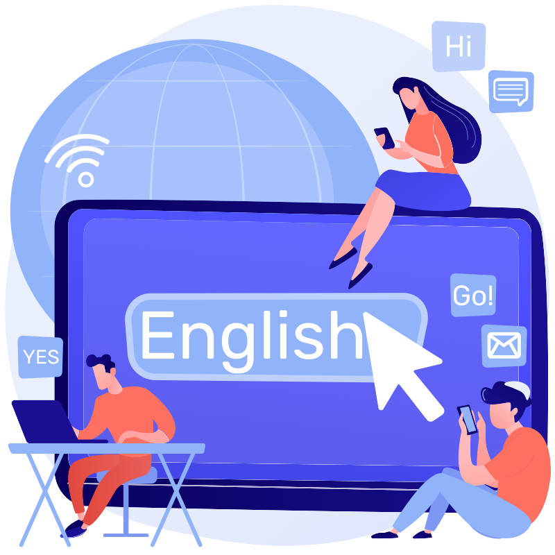 Young people use computers and mobile devices while sitting in front of a large screen with the word English displayed on tit.